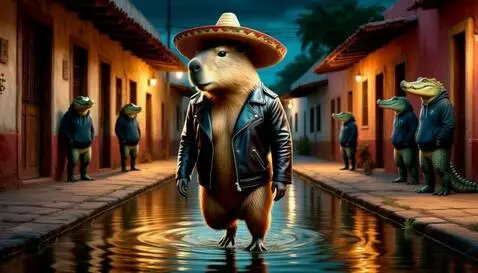 AI Video from prompt: The capybara leisurely opens the bar door and wa