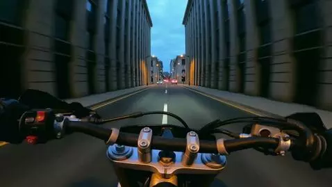 AI Video from prompt: Cinematic handlebar-mounted POV shot, ultra-wide