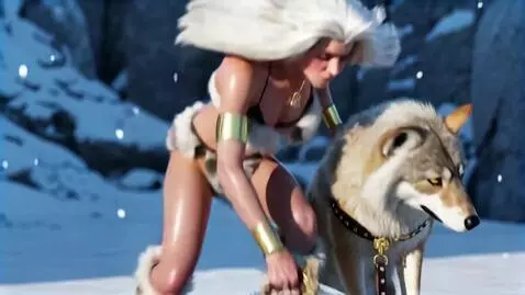 AI Video from prompt: The white warrior stands up and takes the wolf b