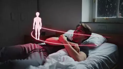 AI Video from prompt: A dark bedroom glowing with red neon. Rain hits 