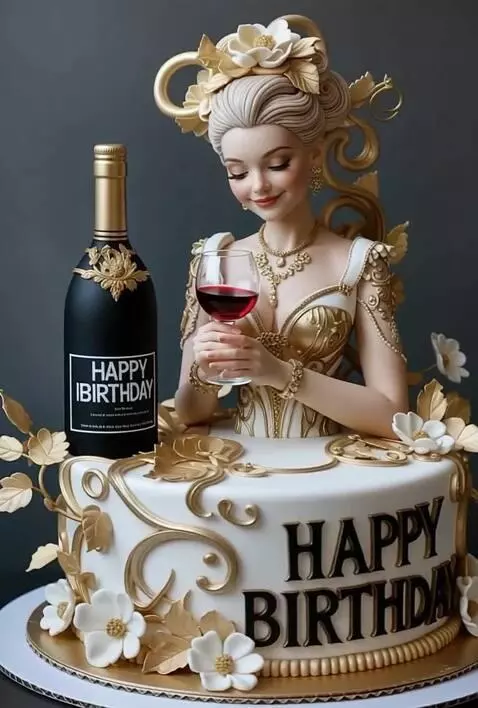 AI Video from prompt: The Girl on the cake smiles, raises a glass of w