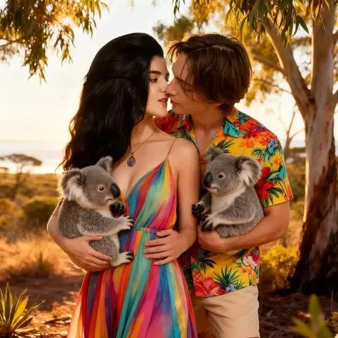 AI Video from prompt: A koala in a woman's arms hugs her around the ne