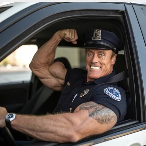 a muscular cop is flexing his bicep