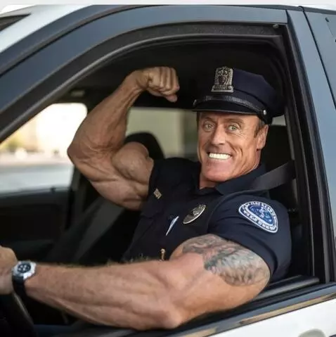 AI Video from prompt: a muscular cop is flexing his bicep