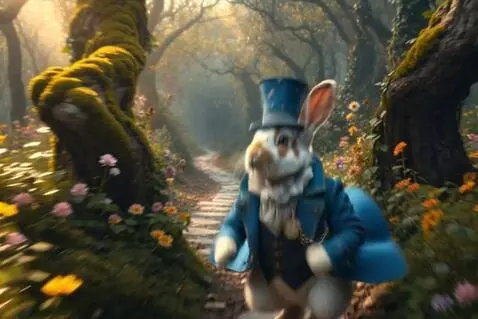 AI Video from prompt: Rabbit running swiftly up the pathway on his hin