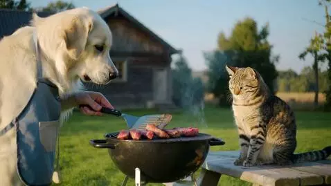 AI Video from prompt: a dog is cooking barbecue in the countryside. th