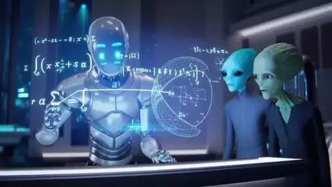 AI Video from prompt: robot doing math equations with aliens