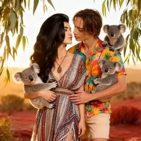 AI Video from prompt: A koala in a woman's arms hugs her around the ne