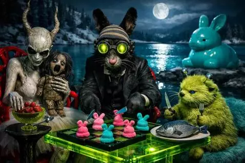 AI Video from prompt: the turquoise rabbit turns its head toward the f