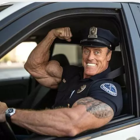 AI Video from prompt: a cop flexes his right bicep