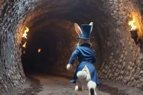 AI Video from prompt: Rabbit running down the pathway around the corne