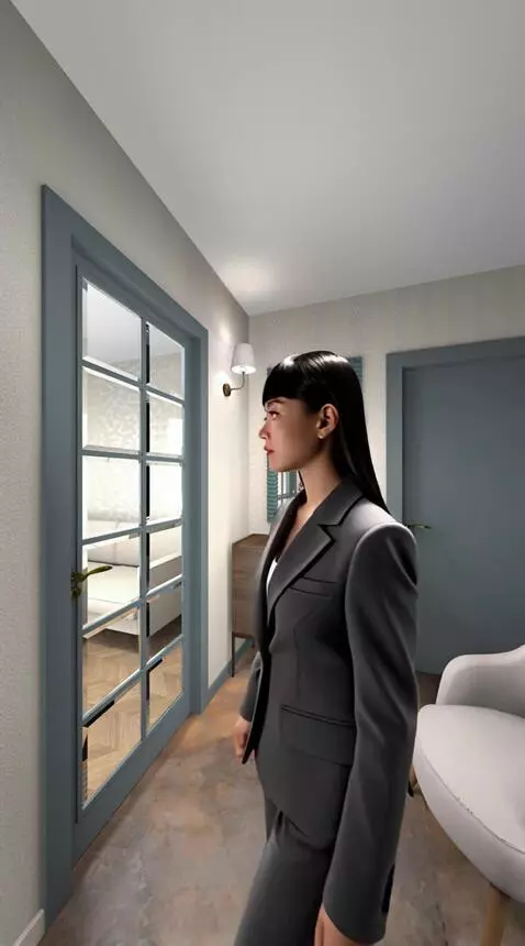 AI Video from prompt: A girl in a modern suit enters the room from the
