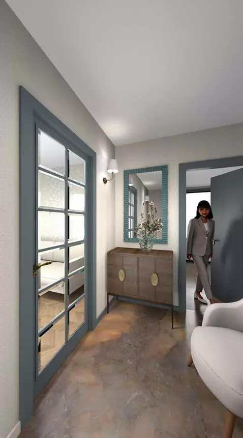 AI Video from prompt: The door on the right opens and a girl in a mode