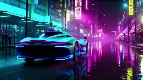 A cyberpunk city street at night with neon signs