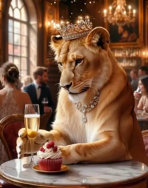 AI Video from prompt: The Lioness raises her glass and smile