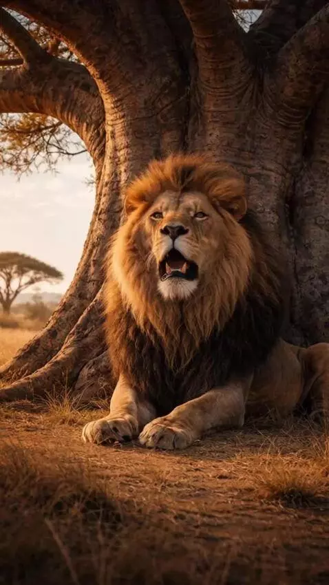 AI Video from prompt: A realistic adult male lion sitting calmly under