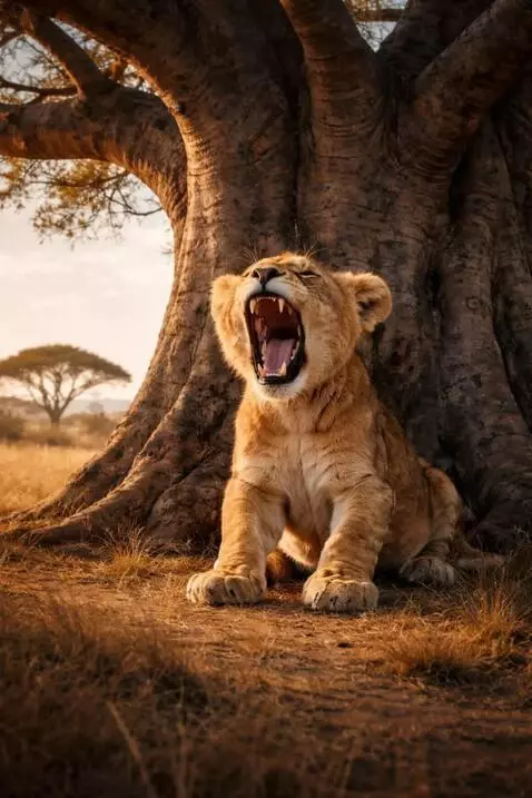 AI Video from prompt: A small lion cub sitting under a huge baobab tre