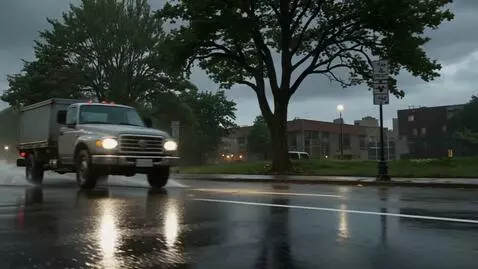 AI Video from prompt: In the foreground, a gray utility truck with its