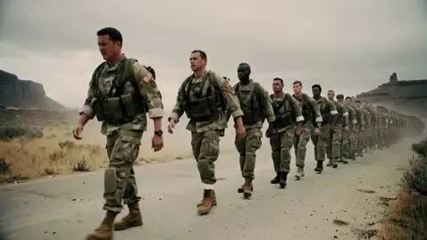 AI Video from prompt: A realistic, seamless loop of exhausted US Army 