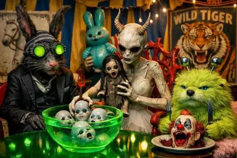 AI Video from prompt: The horned woman plucks a doll head from the wat