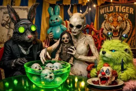 AI Video from prompt: The horned woman plucks a doll head from the wat