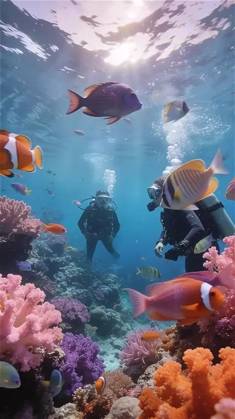 AI Video from prompt: Fish swim around and divers move a little