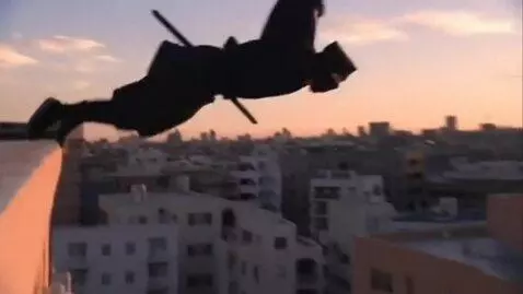 AI Video from prompt: Ninja jumps  and falls and keep falling then he 