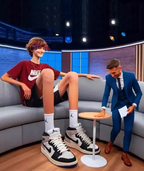 AI Video from prompt: The tall boy moves his legs and the man in the s