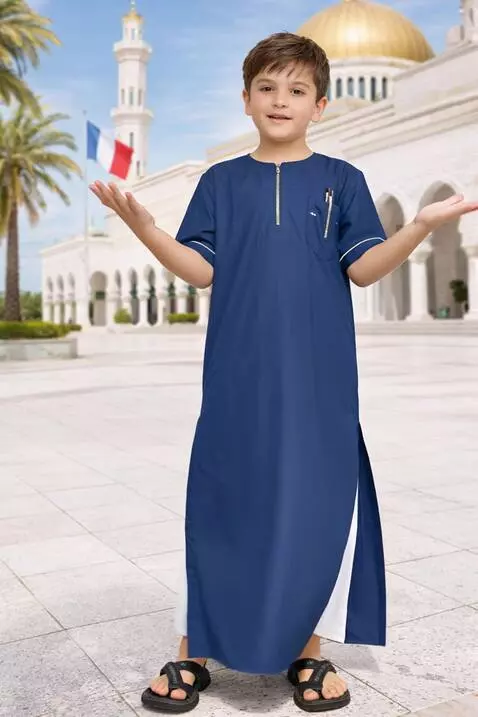 AI Video from prompt: a child appears happy promoting the robe he is w