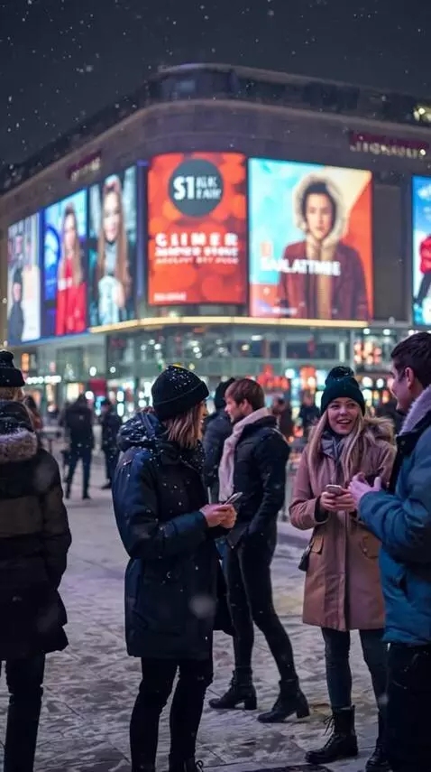 AI Video from prompt: Night, winter, snow in a European city. People i