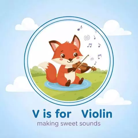 AI Video from prompt: A charming fox sits, earnestly playing a small v