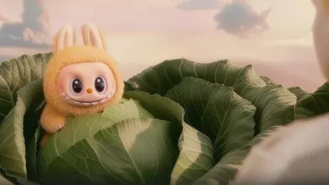 AI Video from prompt: Labubu looking at a man on the right, blinking a