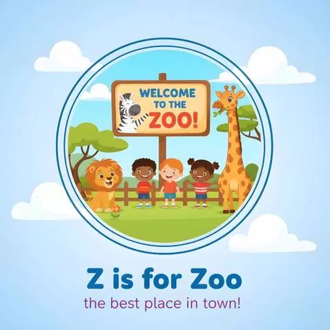 AI Video from prompt: A friendly "WELCOME TO THE ZOO!" sign stands tal