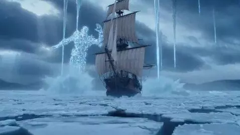 AI Video from prompt: On a freezing river, a historic ship, light beig