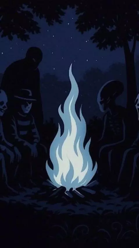 AI Video from prompt: The characters around the campfire are talking t