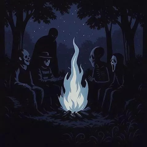 AI Video from prompt: The characters around the campfire are talking t