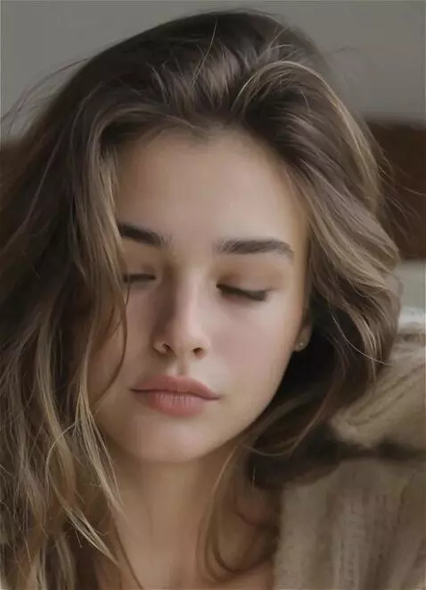 AI Video from prompt: She stares intently at the camera, then lowers h