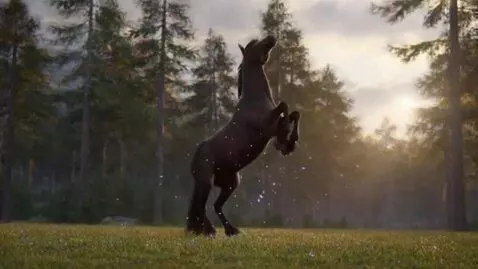 AI Video from prompt: The horse rears up, purple pollen falls on top o