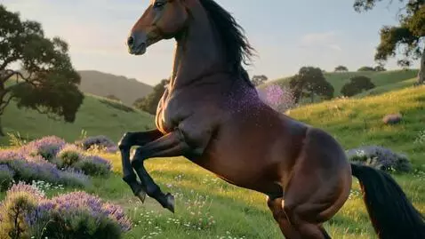 AI Video from prompt: The horse rears up, purple pollen falls on top o