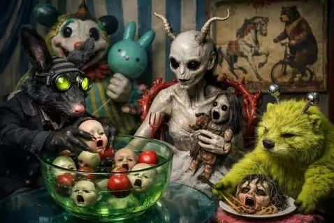 AI Video from prompt: The rat takes a doll head from the bowl and toss