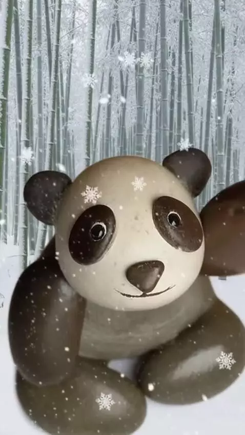 AI Video from prompt: Panda made from pebbles try to catch a snowflake