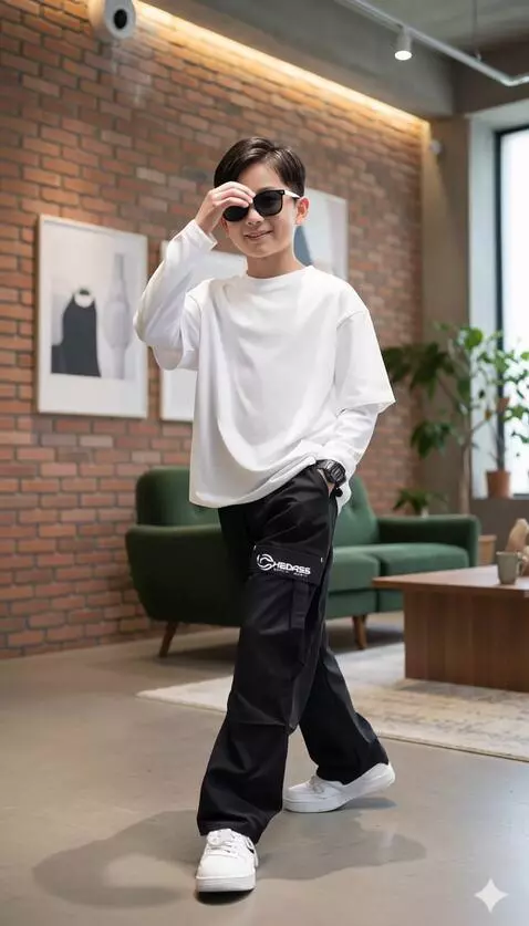 AI Video from prompt: The young boy model walks forward with a confide