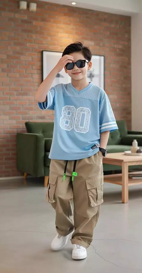 AI Video from prompt: The young boy model walks forward with a confide