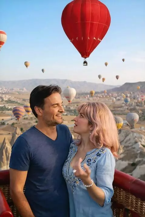 AI Video from prompt: a man and a woman flying in a hot air balloon ba