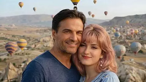 AI Video from prompt: A man and a woman are slowly flying in a hot air