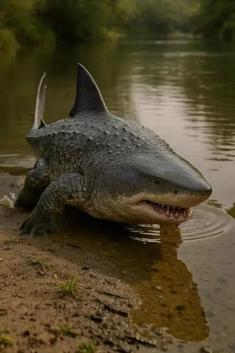 AI Video from prompt: Shark-crocodile hybrid swimming forward, tail sw