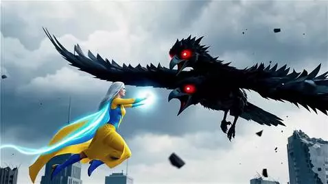 AI Video from prompt: Pretty superheroine in yellow-blue dress fights 