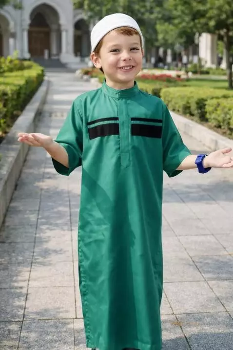 AI Video from prompt: a child appears happy wearing a new robe while p