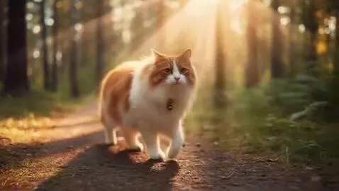 AI Video from prompt: A whimsical cat walking along a forest trail, ca