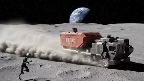 AI Video from prompt: Panicked alien runs away from cargo truck riding